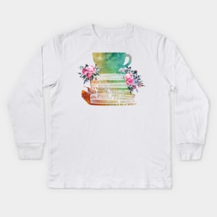 Cup of Tea with Books and flowers Kids Long Sleeve T-Shirt